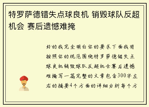 特罗萨德错失点球良机 销毁球队反超机会 赛后遗憾难掩